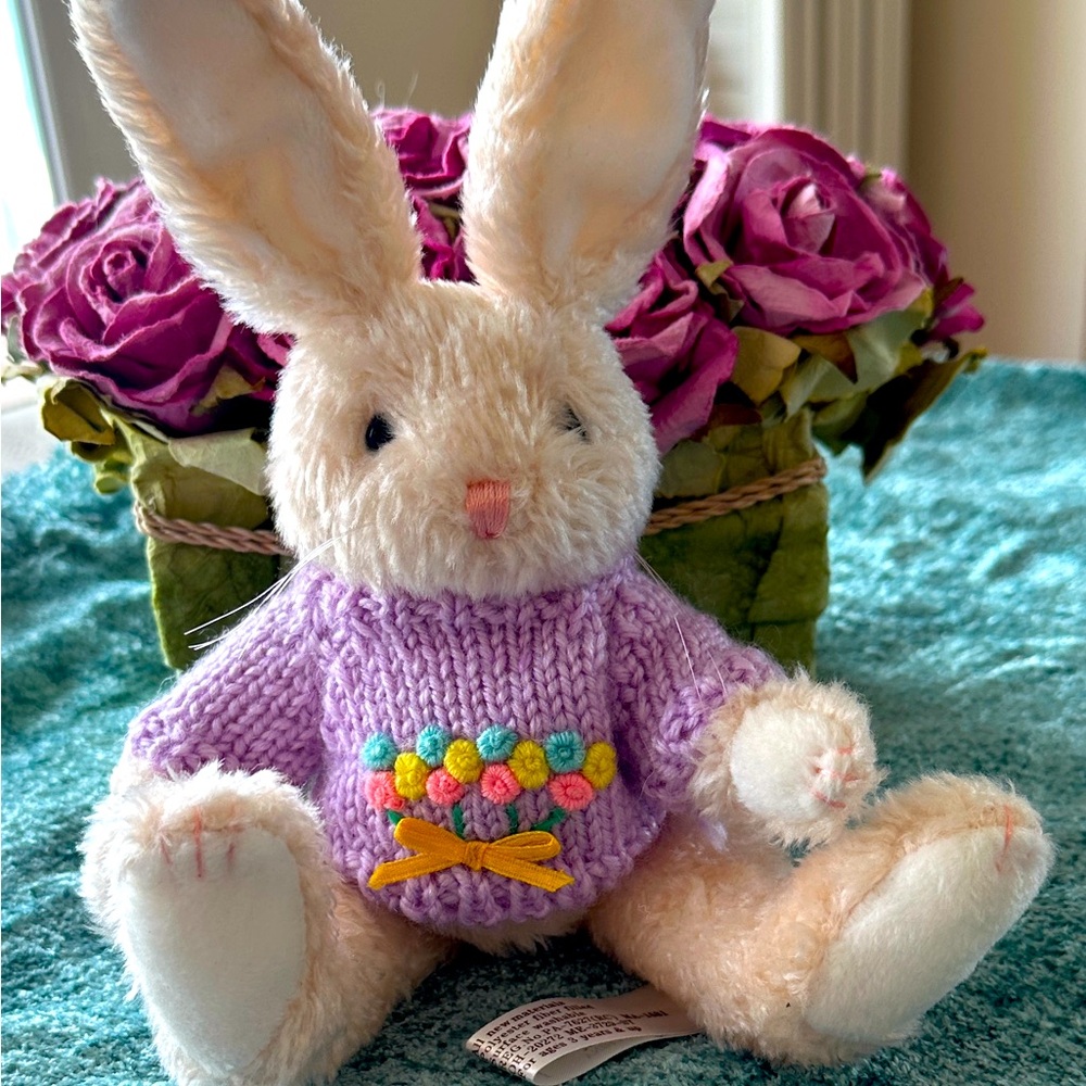 PLUSH BUNNY with Adorable Flower Purple Sweater